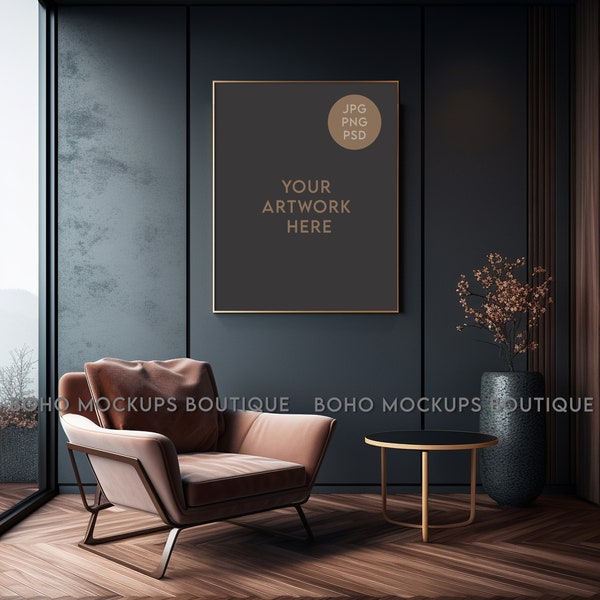 Dark Bauhaus Interior Mockup 16x20 Golden Frame | Large Wall Art Mockup | For 5:4 ratio artwork.