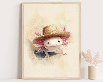Impresión de ajolote con sombrero de paja: arte de pared caprichoso para habitación infantil