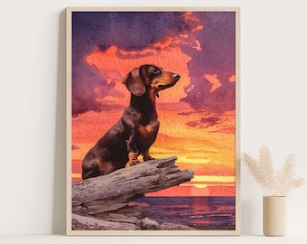 Lámina de acuarela de perro salchicha al atardecer: Arte canino costero