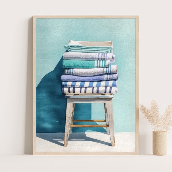 Print gevouwen strandlakens: minimalistische kustwaterverfmuurkunst