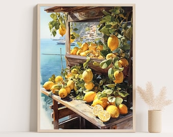 Impression vibrante de citrons de la côte amalfitaine : décoration murale de cuisine d'été italienne