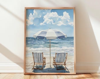 Beach Chairs & Umbrella Watercolor Print – Coastal Wall Art, Pastel Ocean Decor, Summer Beach Scene