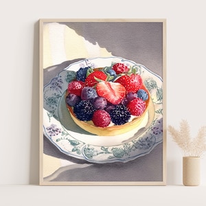 Fruit Tart Print, Summer Berry Wall Art, Cottagecore Kitchen Decor, French Patisserie Painting, Dessert Still Life