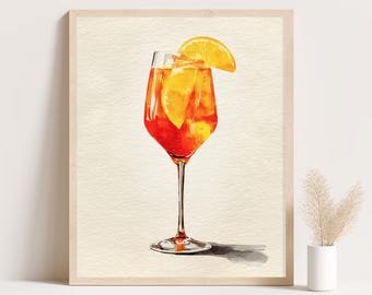Aperol Spritz-print: minimalistische aquarel cocktailkunst, zomerkeuken wanddecoratie