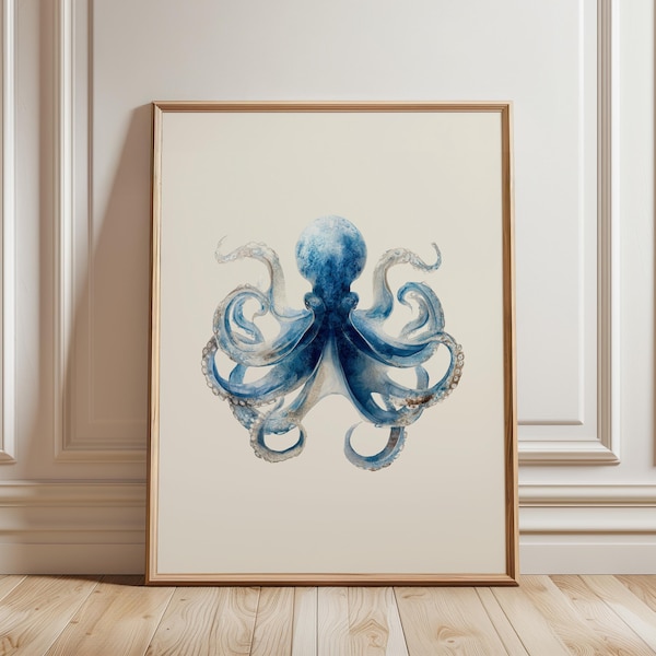 Vintage kustoctopusprint – blauwe aquarel zeeleven muurkunst | Minimalistisch strandhuisdecor