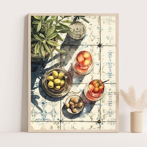 Stampa Aperitivo, Arte murale mediterranea, Natura morta con cocktail, Piastrelle portoghesi, Decorazione estiva per cucina