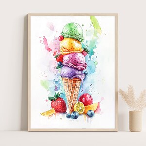 Bunter Eis Aquarell Druck - Sommer Obst Eistüte Wandkunst, Pastell Küchen Dekor, Italienisches Dessert Illustration