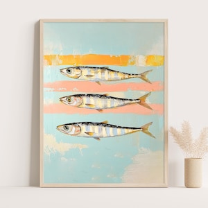 Stampa di frutti di mare - Decorazione murale con sardine, sfondo a righe pastello, decorazione da cucina in stile costiero mediterraneo
