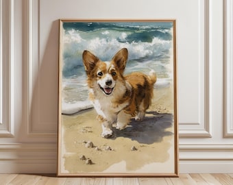 Watercolor Corgi Dog Beach Print: Coastal Summer Wall Art