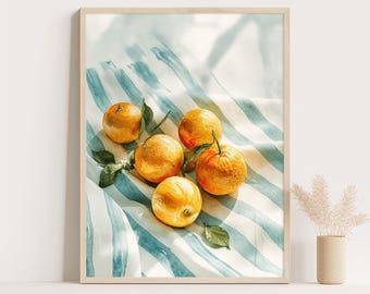 Aquarell Orangen Print: Mediterrane Früchte im gestreiften Küstenstil