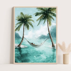 Stampa di un'amaca tropicale, decorazione murale con palme, dipinto di una scena oceanica, decorazione per il relax, opera d'arte per una vacanza da sogno