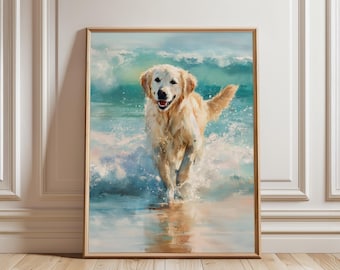Golden Retriever Beach Print: Joyful Dog Coastal Wall Art