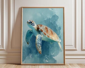 Watercolor Sea Turtle Print: Minimalist Ocean Wall Art in Aqua Blue Coastal Style
