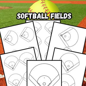 May include: Six printable 8.5 x 11 inch softball field diagrams. The diagrams are black and white and show the field layout with the bases, pitcher's mound, and batter's box. The text "Softball Fields" is at the top of the image.