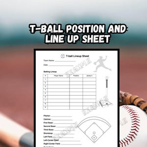 Könnte beinhalten: Druckbare T-Ball-Aufstellungstabelle mit einem Baseballfelddiagramm und einem Spieler, der mit einem Schläger rennt. Die Tabelle enthält Platz für Spielernamen, Positionen und Trikotnummern. Der Text "T-ball Lineup Sheet" befindet sich oben auf der Tabelle.