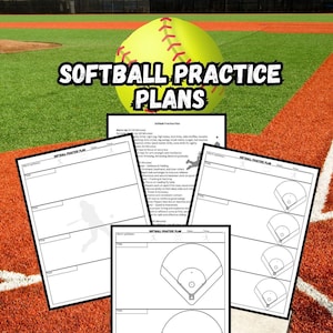 Könnte beinhalten: Vier druckbare Softball-Trainingsplan-Vorlagen. Jede Vorlage enthält ein Baseballfeld mit einem leeren Platz zum Schreiben. Die Vorlagen sind 8,5 Zoll mal 11 Zoll groß.