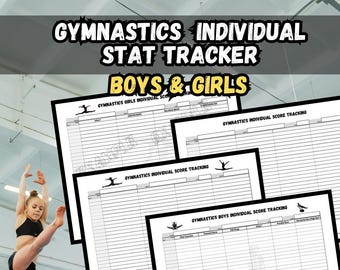 May include: Four printable PDF sheets for tracking gymnastics scores. The sheets are titled "Gymnastics Girls Individual Score Tracking", "Gymnastics Individual Score Tracking", "Gymnastics Individual Score Tracking", and "Gymnastics Boys Individual Score Tracking". Each sheet is 28 cm by 21.5 cm.