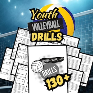 Może przedstawiać: Cyfrowe pobranie zatytułowane "Youth Volleyball Drills" z grafiką siatkówki. Obraz zawiera diagramy i tekst opisujący ćwiczenia, z tekstem "130+" i "80 stron". Dokument ma wymiary 21,59 cm x 27,94 cm.