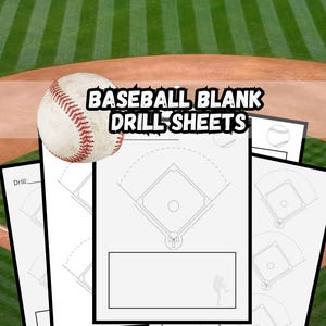 May include: Five printable baseball drill sheets with a baseball field diagram and space for writing. The sheets are 8.5 inches by 11 inches and are available as a digital download.