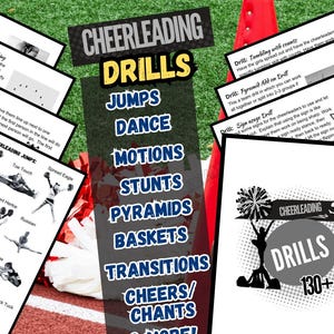 May include: A digital download titled "Cheerleading Drills" with a list of drills including jumps, dance, motions, stunts, pyramids, baskets, transitions, cheers, chants, and more. The document is 8.5 x 11 inches and contains 63 pages.