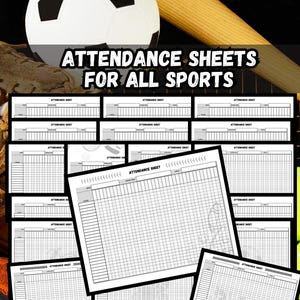 以下が含まれることがあります： スポーツチーム用の白黒の印刷可能な出席シート20枚。各シートは8.5インチ×11インチで、名前と日付のスペースのあるグリッドレイアウトになっています。