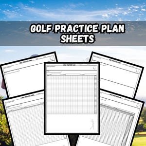 Op de afbeelding: Witte golf oefenplan vellen met een rasterindeling en een golfer silhouet. De vellen zijn 21,59 x 27,94 cm en zijn beschikbaar als digitale download. De tekst "GOLF PRACTICE PLAN SHEETS" staat bovenaan.