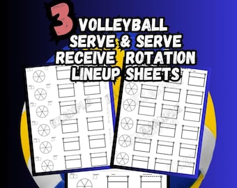 Könnte beinhalten: Drei druckbare Volleyball-Aufstellungstabelle in Schwarzweiß. Die Blätter enthalten einen Kreis, der in sechs Abschnitte für Spielerpositionen unterteilt ist, und einen rechteckigen Bereich für Spielernamen. Die Blätter sind mit "Serve & Serve Receive Rotation Lineup Sheets" beschriftet.