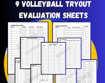 9 Volleyball Tryout Evaluation Sheets 8.5x11&quot; | digital download | Passing Attacking Serving Setting Stat Evaluation Sheets | pdf