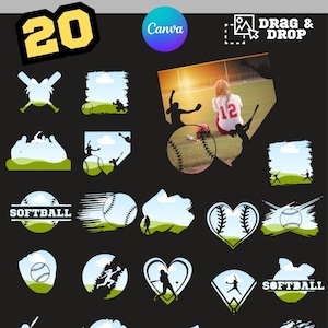 May include: 20 softball Canva frames with a drag and drop feature. The frames feature various softball-themed designs, including silhouettes of players, baseballs, bats, and the word "softball".