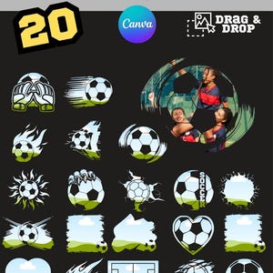 Könnte beinhalten: 20 Canva-Rahmen mit Fußball-Motiven, darunter ein Fußball in einem Herzen, ein brennender Fußball, ein Fußball in einer Sonne, ein Fußball in einer Wolke, ein Fußball in einem Tor und ein Fußball in einem Kreis. Die Rahmen sind perfekt, um Ihren Fußballprojekten eine persönliche Note zu verleihen.