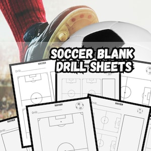 Puede incluir: Siete hojas de entrenamiento de fútbol en blanco y negro. Cada hoja tiene un campo de fútbol con un círculo central y líneas de meta. Las hojas miden 8,5 pulgadas por 11 pulgadas y son una descarga digital PDF.