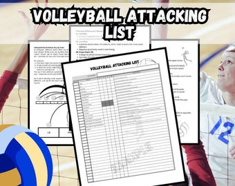 May include: A printable volleyball attacking list with a black and white design. The list includes a table with columns for player position, attack type, and description. The list is 8.5 inches by 11 inches and is a PDF digital download.