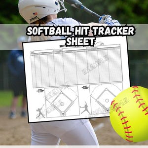 Könnte beinhalten: Ein druckbares Softball-Hit-Tracker-Blatt mit einem Baseball-Feld-Diagramm und einem Softball. Das Blatt ist 11 Zoll mal 8,5 Zoll groß und ein digitaler Download.
