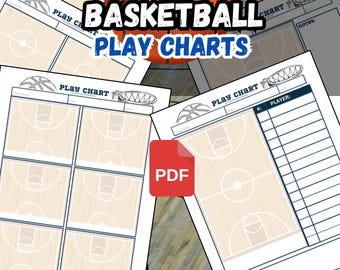 Op de afbeelding: Basketbal speelkaarten met een basketbalafbeelding en de woorden "Basketball Play Charts" in wit en blauw. De kaarten zijn 21,6 x 27,9 cm en zijn digitale PDF-vellen.