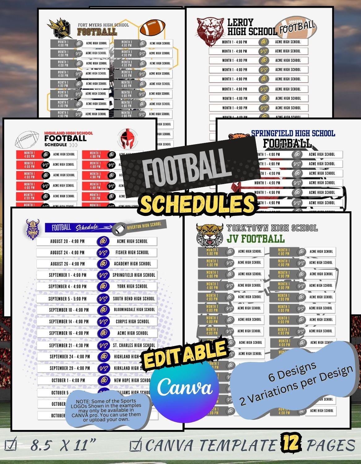 Visual Timetable Football Editable Football Schedule Template | 6 Designs, 2 Variations per ...