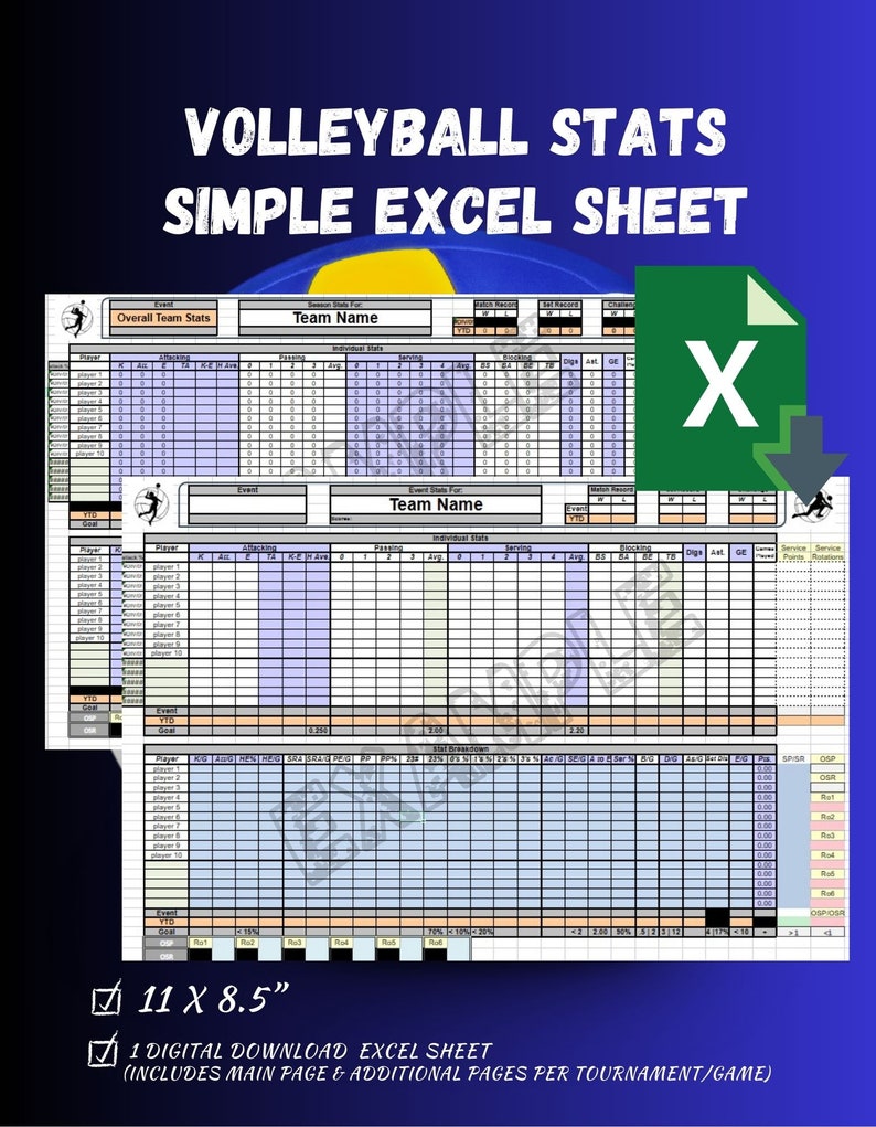Volleyball Statistics Simple Excel Sheet AND Volleyball Game Stat