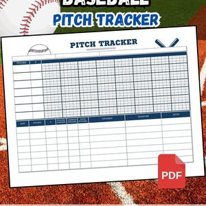 May include: A baseball pitch tracker with the words "Baseball Pitch Tracker" in white and blue. The tracker is a digital download PDF sheet, measuring 11 x 8.5 inches. The sheet includes sections for date, pitcher, pitches thrown, innings pitched, outs pitched, opponent, signature, and notes.