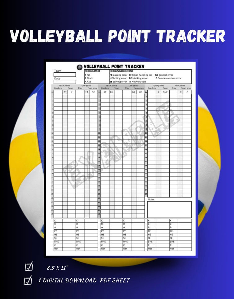 Volleyball Point tracker sheet for coach 8.5x11” | digital download | Volleyball opponent point tracker