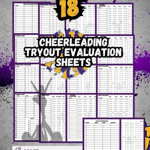 May include: 18 printable cheerleading tryout evaluation sheets in black and white on a purple and yellow background. The sheets are 8.5 x 15 inches.