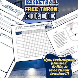 Op de afbeelding: Een basketbalvrijworppakket met tips, technieken, een planner, oefeningen en een vrijworptracker. De bundel bevat 6 PDF-vellen en is 21,59 x 27,94 cm groot. De afbeelding toont een basketbal en tekst.