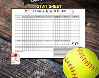 May include: A softball stat sheet with a yellow softball and red stitching. The sheet includes spaces for player stats, pitching stats, and a PDF icon. The text "SOFTBALL STAT SHEET" is at the top. The sheet measures 27.9 x 21.6 cm.