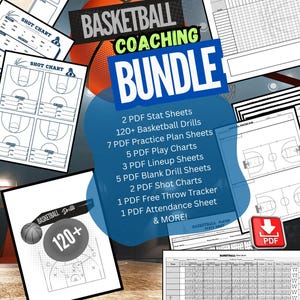 May include: A basketball coaching bundle with various PDF sheets, including stat sheets, practice plans, play charts, and shot charts. The image features a basketball and the text "Basketball Coaching Bundle" in blue and green. Includes 90 PDF sheets.