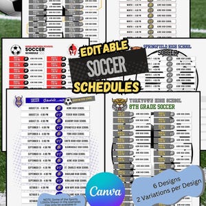 Editable Soccer Schedule Template | 6 Designs, 2 Variations per Design | Customizable in Canva | Printable Game Schedule for Team