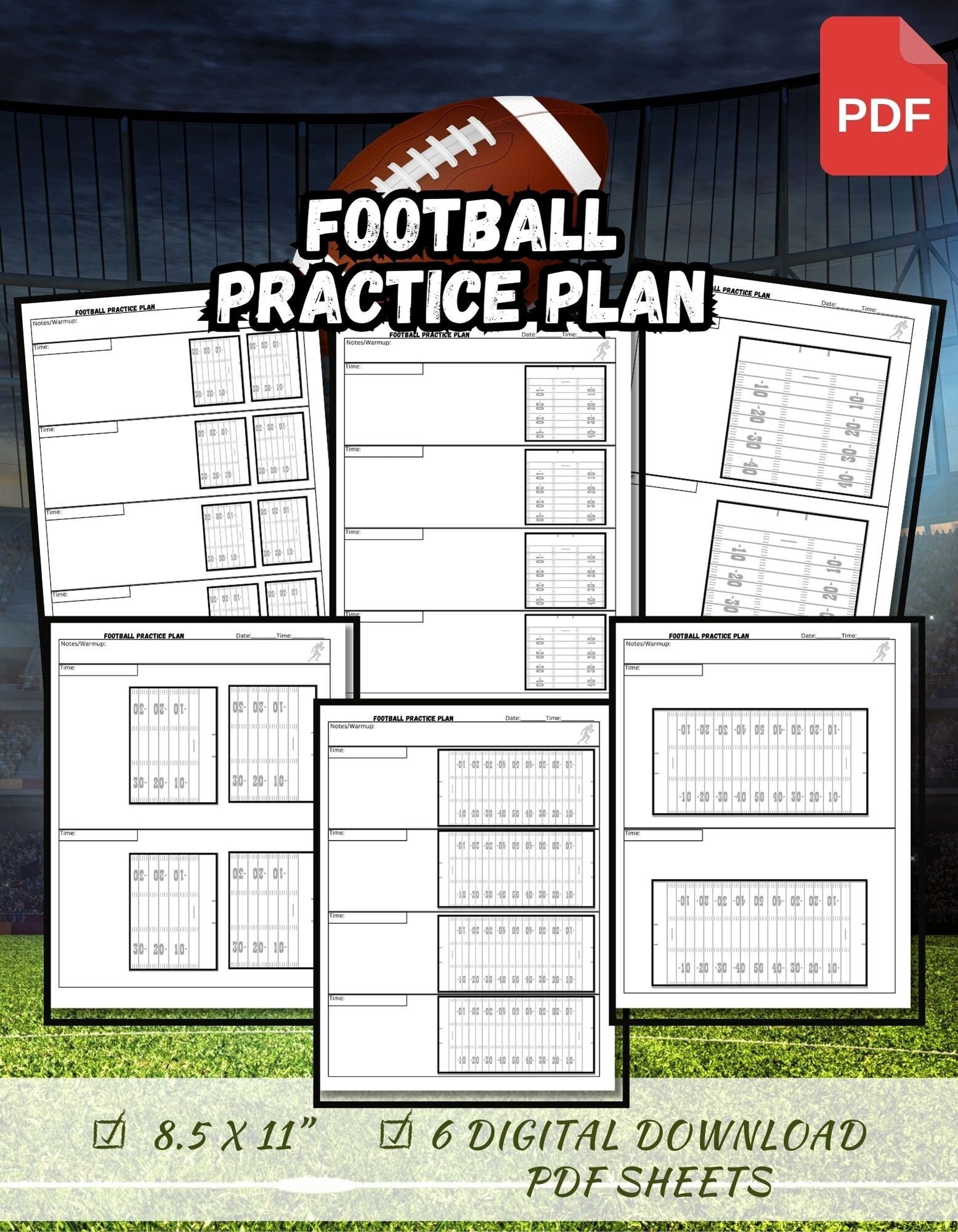Football Field Practice Plan Sheets for Coach or Player 8.5x11 6 in Football Field Practice Plan Sheets for Coach or Player 8.5x11 6 in