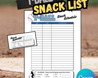 Editable T-Ball BASEBALL Snack Schedule | Team Sign-Up Sheet Template | Game Day Snack List for Coaches, Team Moms & Tee Ball Parents