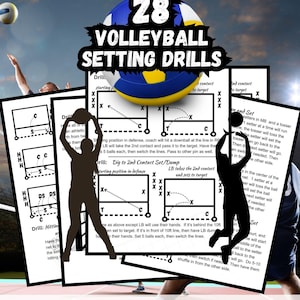 May include: A printable PDF document with 28 volleyball setting drills. The document includes diagrams and instructions for each drill. The document is 8.5 inches by 11 inches and has 12 pages.