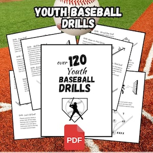 May include: A printable PDF document with over 120 youth baseball drills. The document is 8.5 inches by 11 inches and includes 50 digital download sheets. The cover features a baseball diamond with a baseball player hitting a ball.
