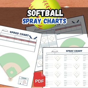 Op de afbeelding: Digitale download van honkbal spray charts. De afbeelding toont verschillende diagrammen met honkbalveld diagrammen en ruimtes voor het registreren van spelersgegevens. Een softbal staat op de achtergrond met de woorden "Softball Spray Charts".