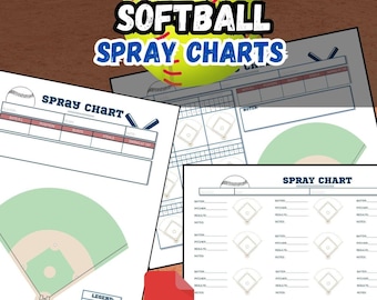 Puede incluir: Descarga digital de gráficos de spray de softbol. La imagen muestra varios gráficos con diagramas de campo de béisbol y espacios para registrar datos de jugadores. Un softbol está en el fondo con las palabras "Softball Spray Charts".