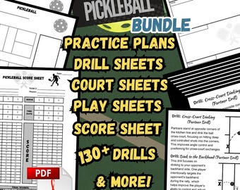 PAKIET Pickleball zawiera 130 ćwiczeń pickleball dla początkujących, puste arkusze ćwiczeń, arkusze wyników, arkusz planu treningowego, arkusz strategii i wiele więcej